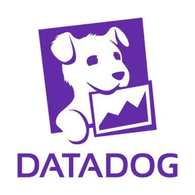 A purple logo featuring a dog holding a chart, labeled "Datadog."