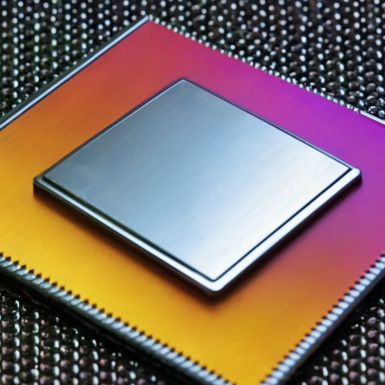 Close-up of a silver microchip on a gradient orange and purple background.