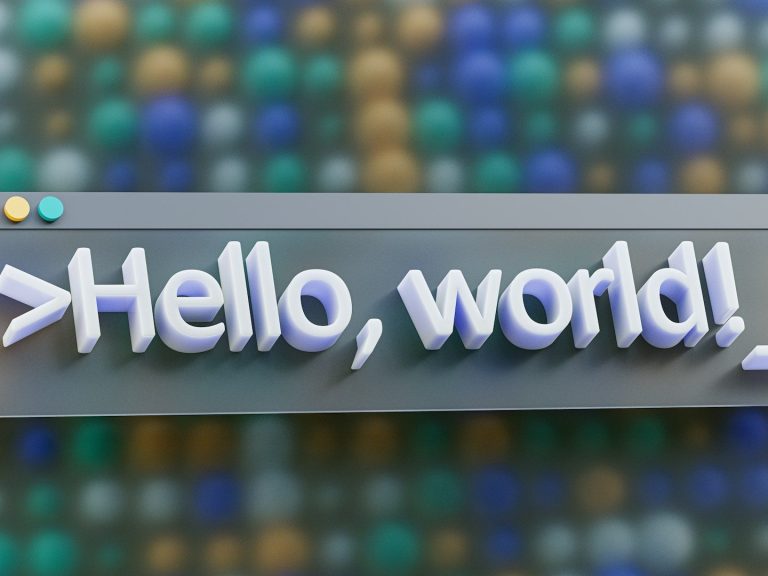 Text in a code-like font saying "Hello, world!" on a colorful dot-patterned background.