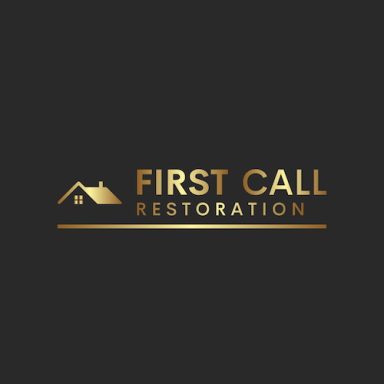 Gold logo for "First Call Restoration" with a house icon on a dark background.