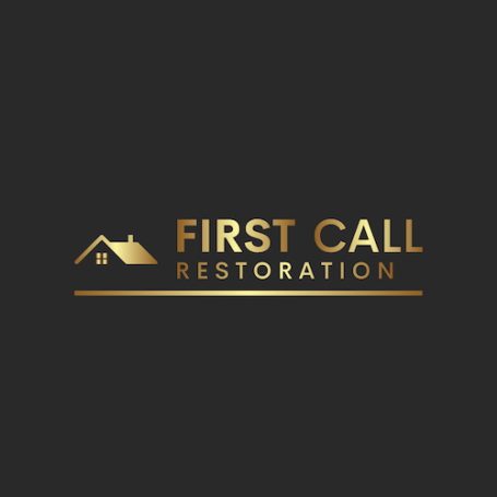 Gold logo for "First Call Restoration" with a house icon on a dark background.
