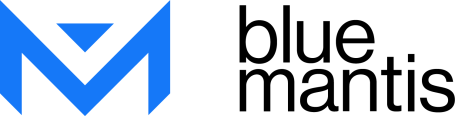 Logo of Blue Mantis featuring an abstract letter "M" design.