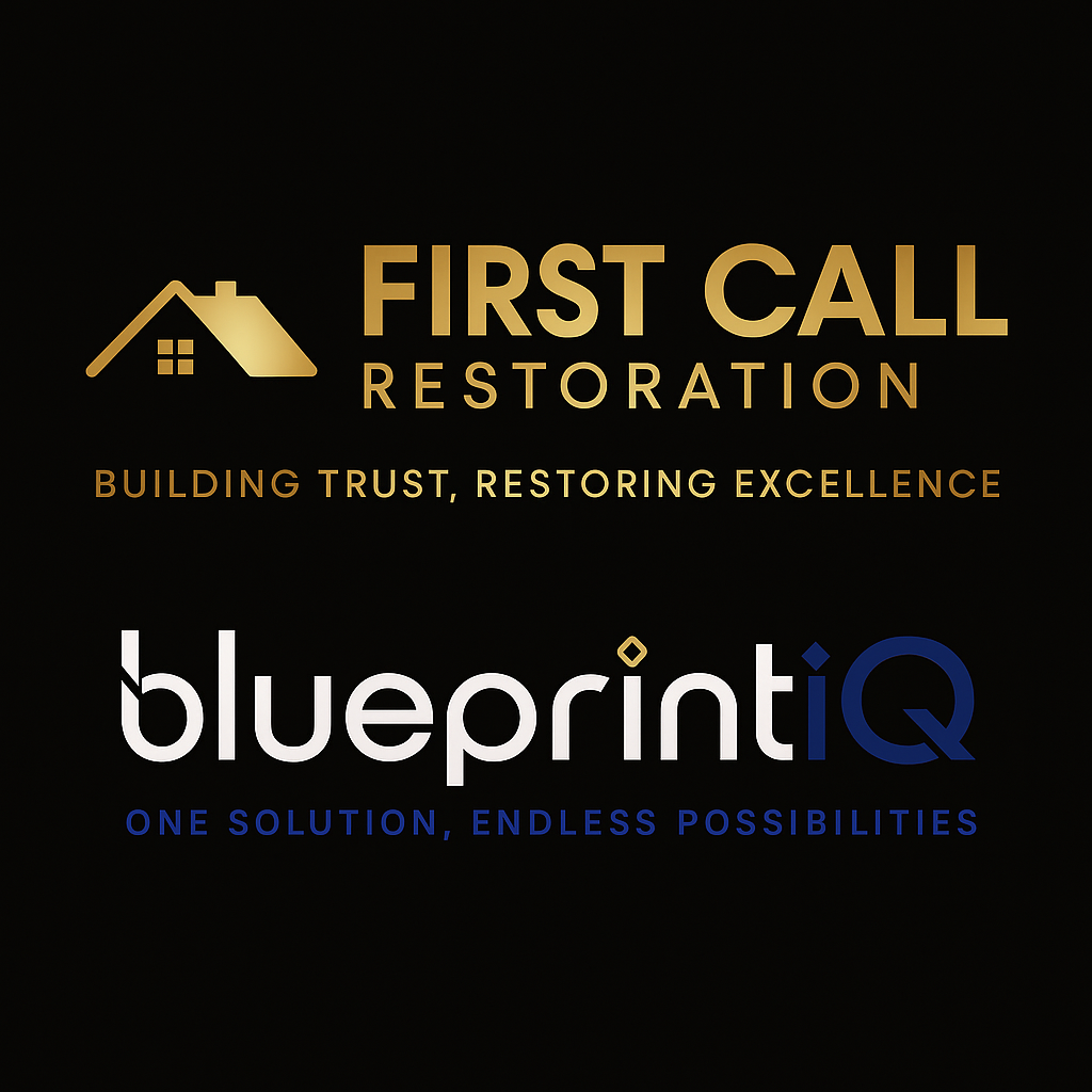 Logo of First Call Restoration and BlueprintIQ, emphasizing trust and possibilities.
