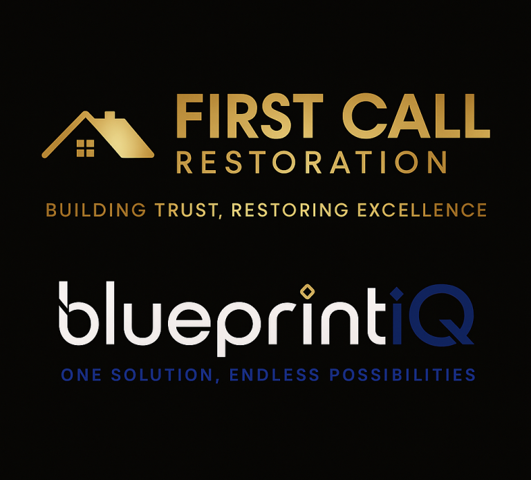 Logo for First Call Restoration and BlueprintiQ, featuring their slogans and design elements.