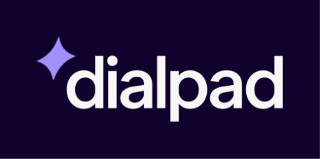 Dialpad logo with a star-shaped accent on a purple background.
