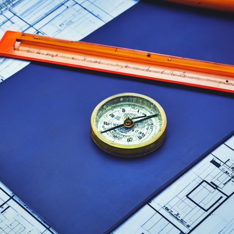 Compass and ruler placed on blue architectural blueprints.