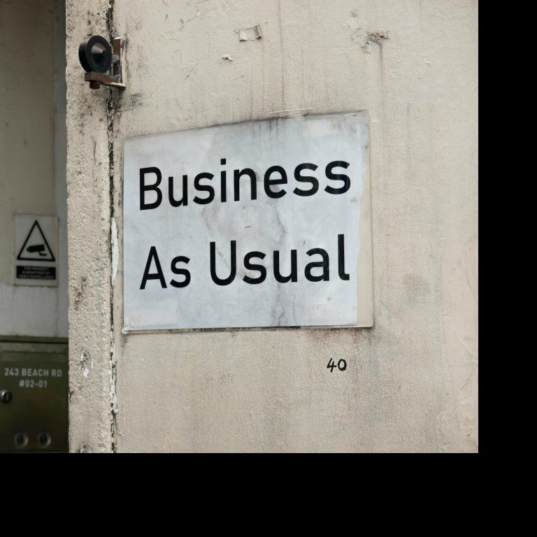 Sign that reads "Business As Usual" on a wall.
