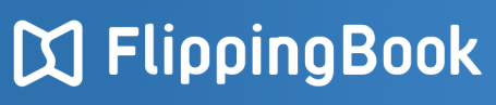 FlippingBook logo featuring a blue background and a stylized open book icon.