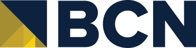 Logo of BCN featuring geometric shapes in yellow and dark blue.