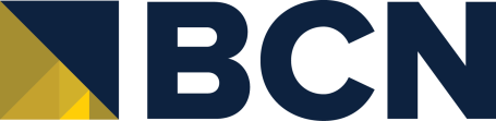 Logo of BCN featuring geometric shapes in yellow and dark blue.