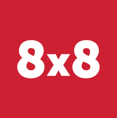 Red background with the white text "8x8" prominently displayed.