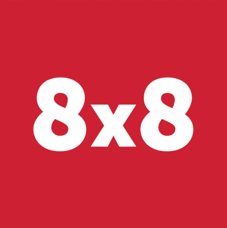 Red background with the white text "8x8" prominently displayed.