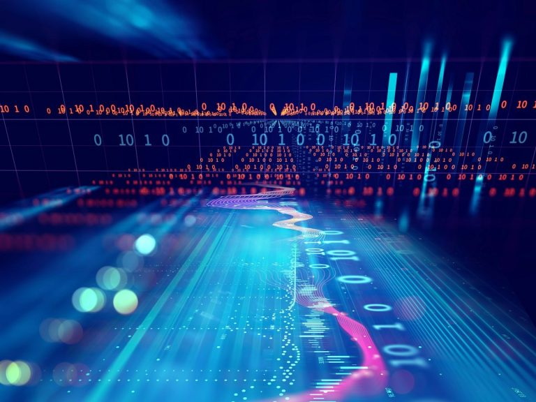 Abstract digital landscape with colorful data streams and glowing lines.